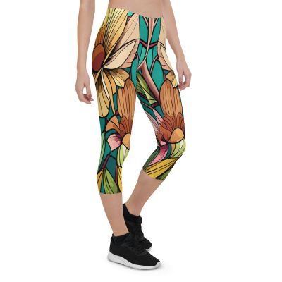 Floral Stained Glass Leggings, Flower Leggings, Bright Floral Capri Leggings